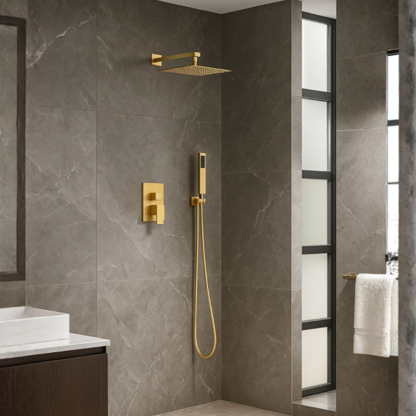 Bateria prysznicowa ścienna zestaw z kwadratową deszczownicą ZŁOTY POŁYSK