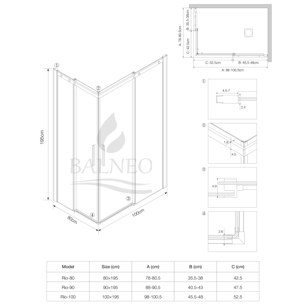 Kabina prysznicowa rozsuwana Rio - CHROM 80x100 cm