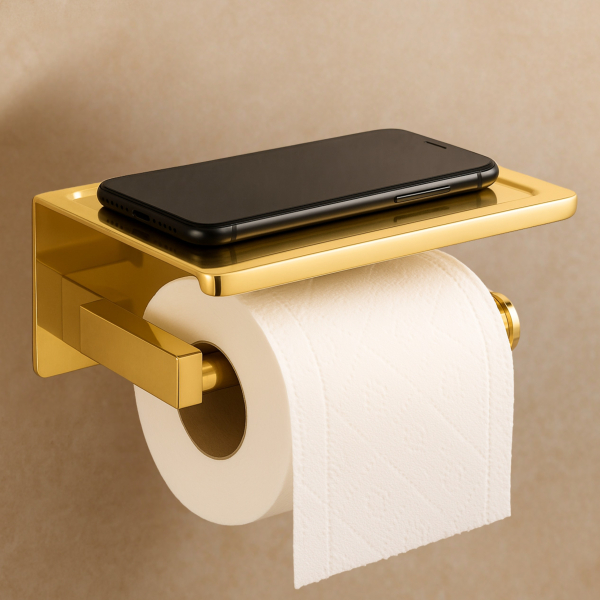 Uchwyt na papier z półką na telefon QUBE Złoty Połysk