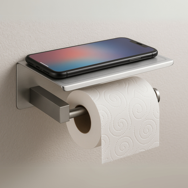 Uchwyt na papier z półką na telefon QUBE - INOX