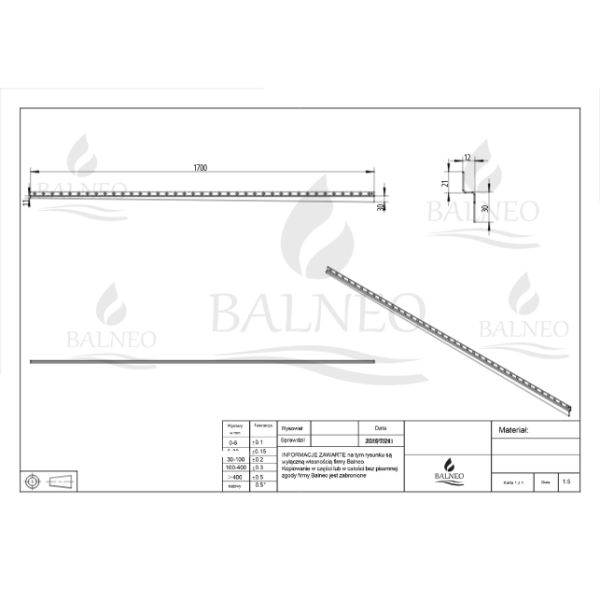 Listwa spadkowa przyścienna lewa 170 cm czarna