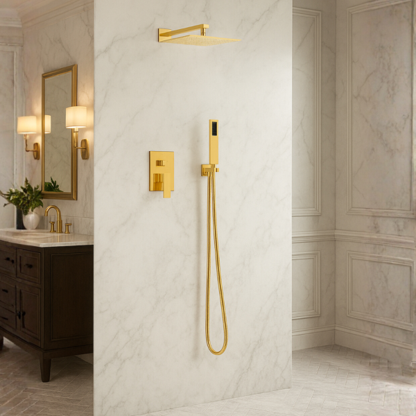 Bateria prysznicowa ścienna zestaw z kwadratową deszczownicą ZŁOTY