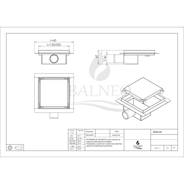 Odpływ kwadratowy 20x20 cm dwustronny chrom SQ-Drain 2w1
