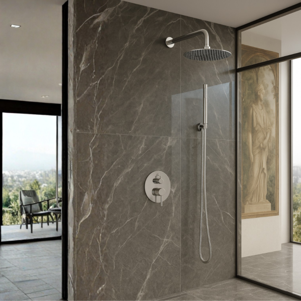 Bateria prysznicowa ścienna zestaw 2 z okrągłą deszczownicą INOX