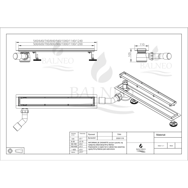 Odpływ boczny 2w1 Odpływ liniowy 50 cm z bocznym syfonem dwustronny chrom