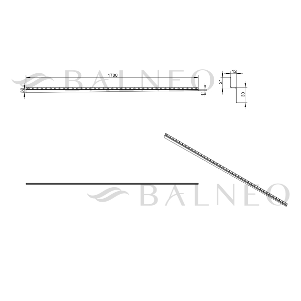 Listwa spadkowa podłogowa prawa łazienkowa prysznicowa 170 cm Ciemnoszara