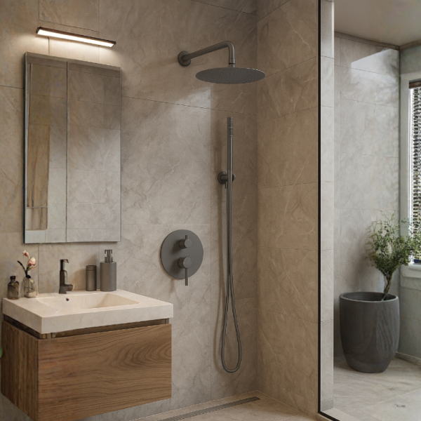 Bateria prysznicowa ścienna zestaw 2 z okrągłą deszczownicą CIEMNOSZARY