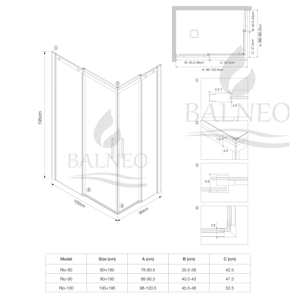 Kabina prysznicowa rozsuwana Rio - ZŁOTY 90x100 cm