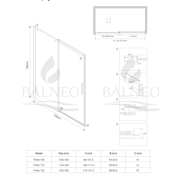 Drzwi prysznicowe rozsuwane Porta Kolor Chromowany 120 cm