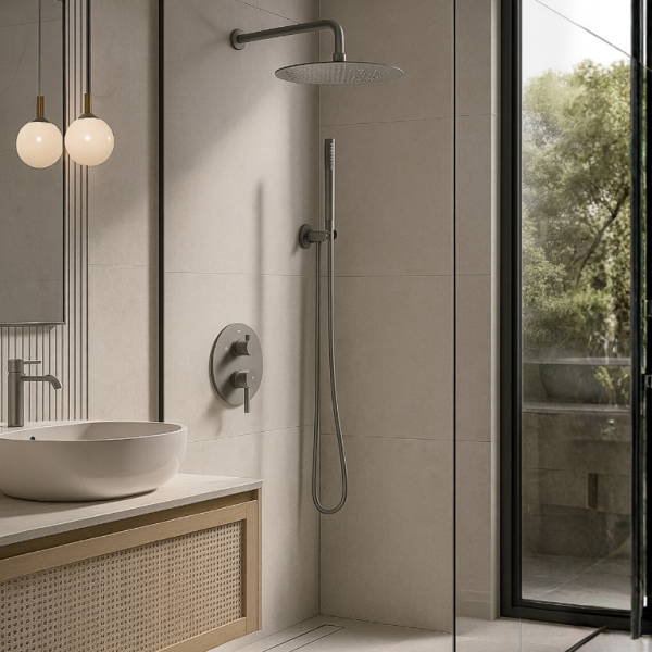 Bateria prysznicowa ścienna zestaw 2 z okrągłą deszczownicą CIEMNOSZARY