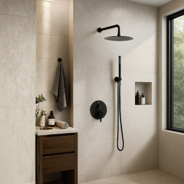 Bateria prysznicowa ścienna zestaw 2 z okrągłą deszczownicą CZARNY