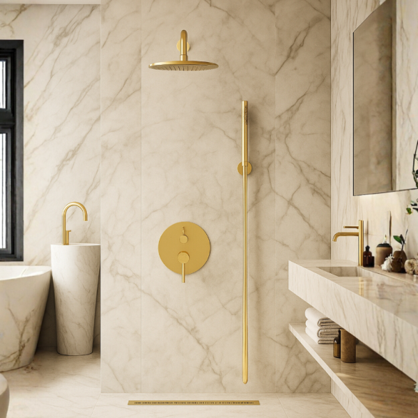 Bateria prysznicowa ścienna zestaw 2 z okrągłą deszczownicą ZŁOTY