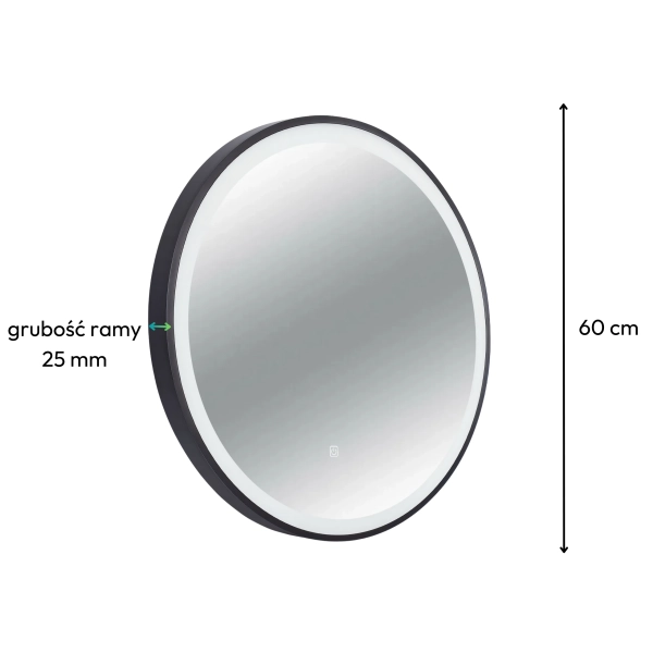 Lustro podświetlane 60 cm RENE Czarny kolor Ściemnianie Zmiana barwy