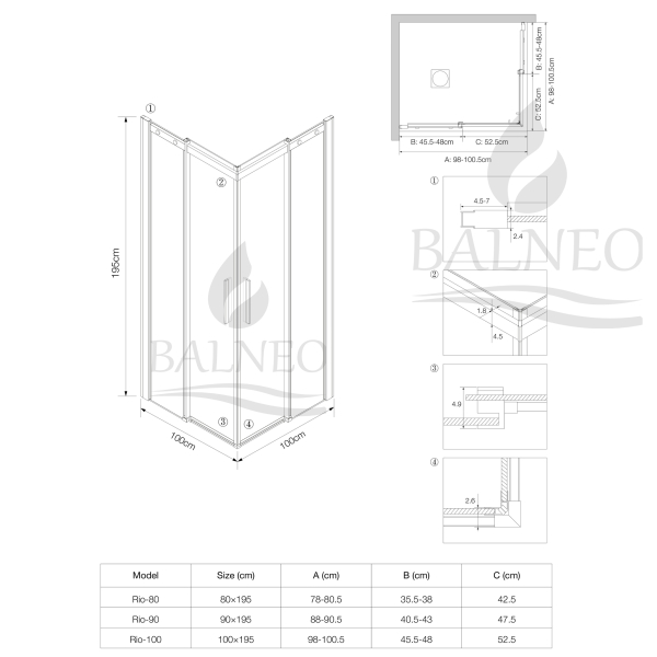 Kabina prysznicowa rozsuwana Rio - CHROM 100x100 cm